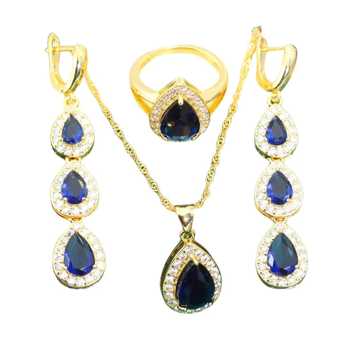 Blue water drop zircon 3-piece jewellery set with copper inlaid zircon, necklace earrings ring, retro auspicious patterns