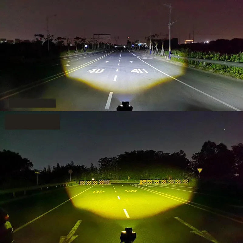 Black aluminium motorcycle LED spotlight with projection lens, 5000lm, 9-85V, yellow and white light.