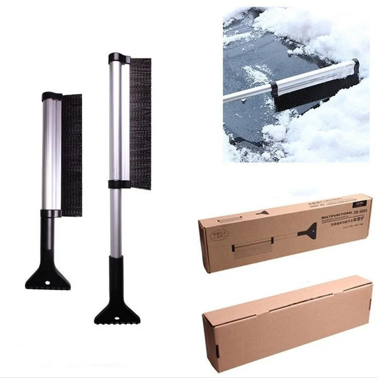 Silver telescopic snow brush and ice shovel on car windscreen, collapsed size 42.2cm, extended to 65cm