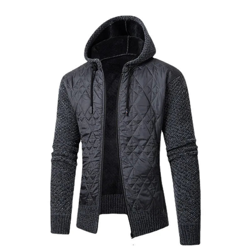 A grey men's hooded corduroy sweater coat with a cinched waist, shown on a model.