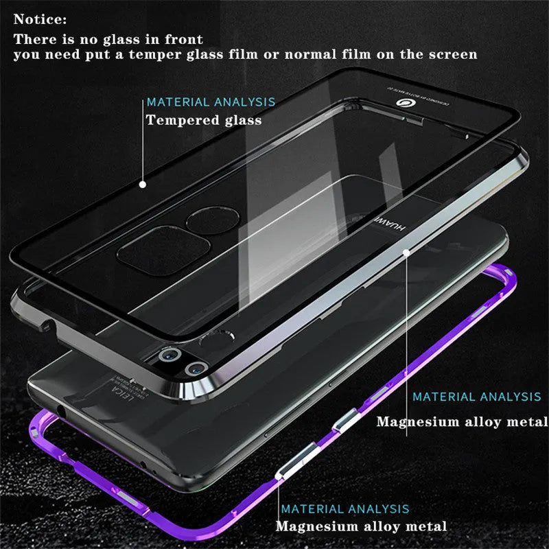 Magnetic metal phone case for Huawei smartphones with tempered glass back in black, blue, red or white