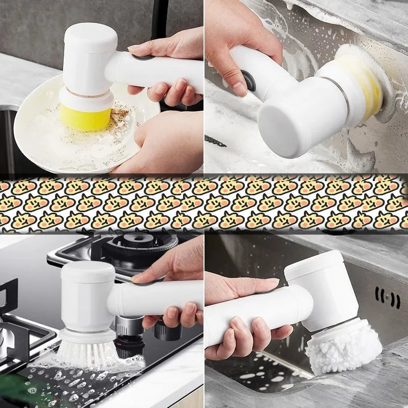 Rechargeable electric kitchen scrubber brush with multiple replaceable brush heads for cleaning stoves and range hoods