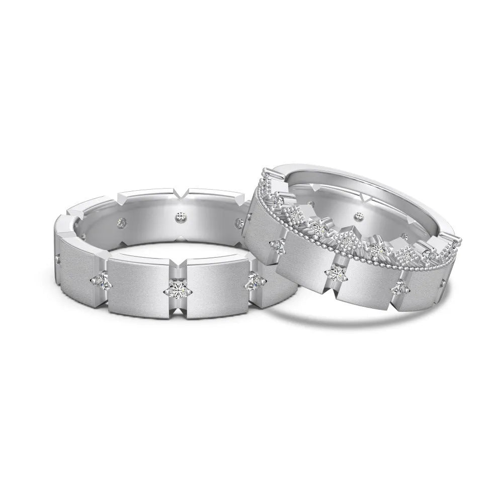 S925 sterling silver slim couple ring with round and quadrilateral zirconium geometric details in champagne finish