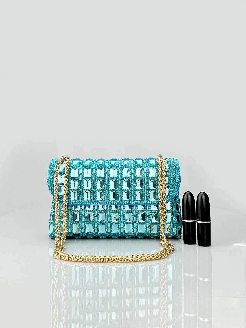 Shiny glass rhinestone chain clutch bag in horizontal square shape with internal phone pocket