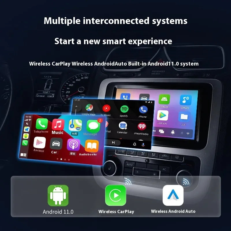 Black Android CarPlay wired to wireless converter adapter box with data cables