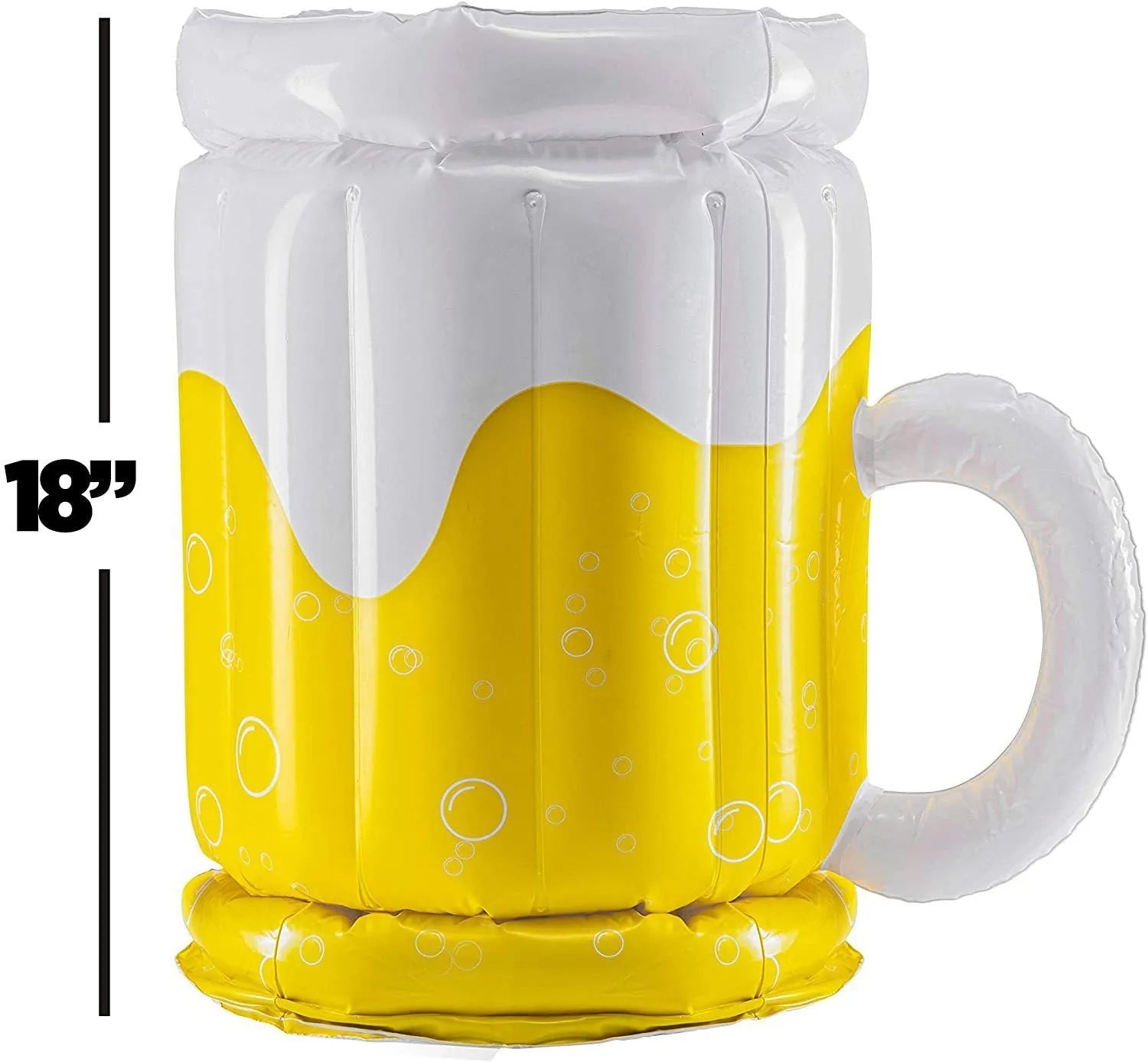 Large yellow inflatable beer mug cooler pool float with drink cans inside.
