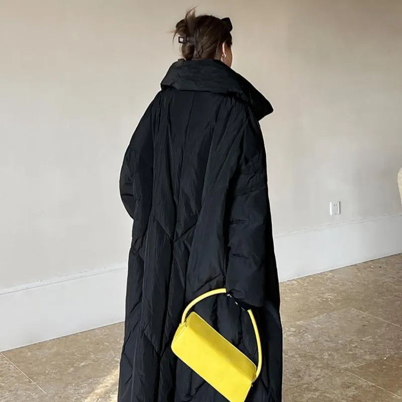 Women's mid-length winter coat, loose fit, zip front, black or grey, sizes S M L