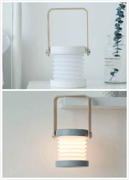 A foldable LED lamp with touch-sensitive dimming control, rechargeable battery, and a versatile design for home decor.