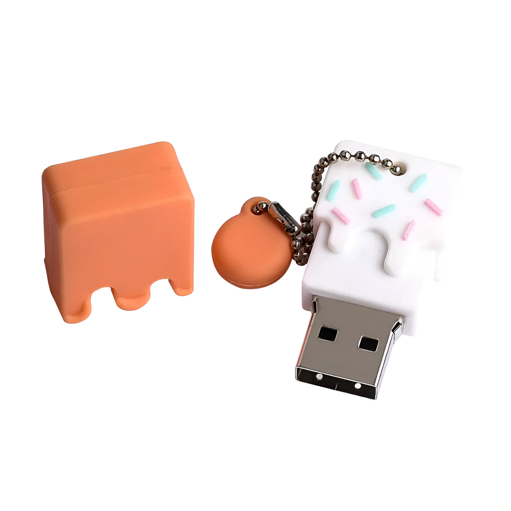 Cartoon cake pendant USB flash drive with PVC case, anti-loss attachment and 32GB capacity.