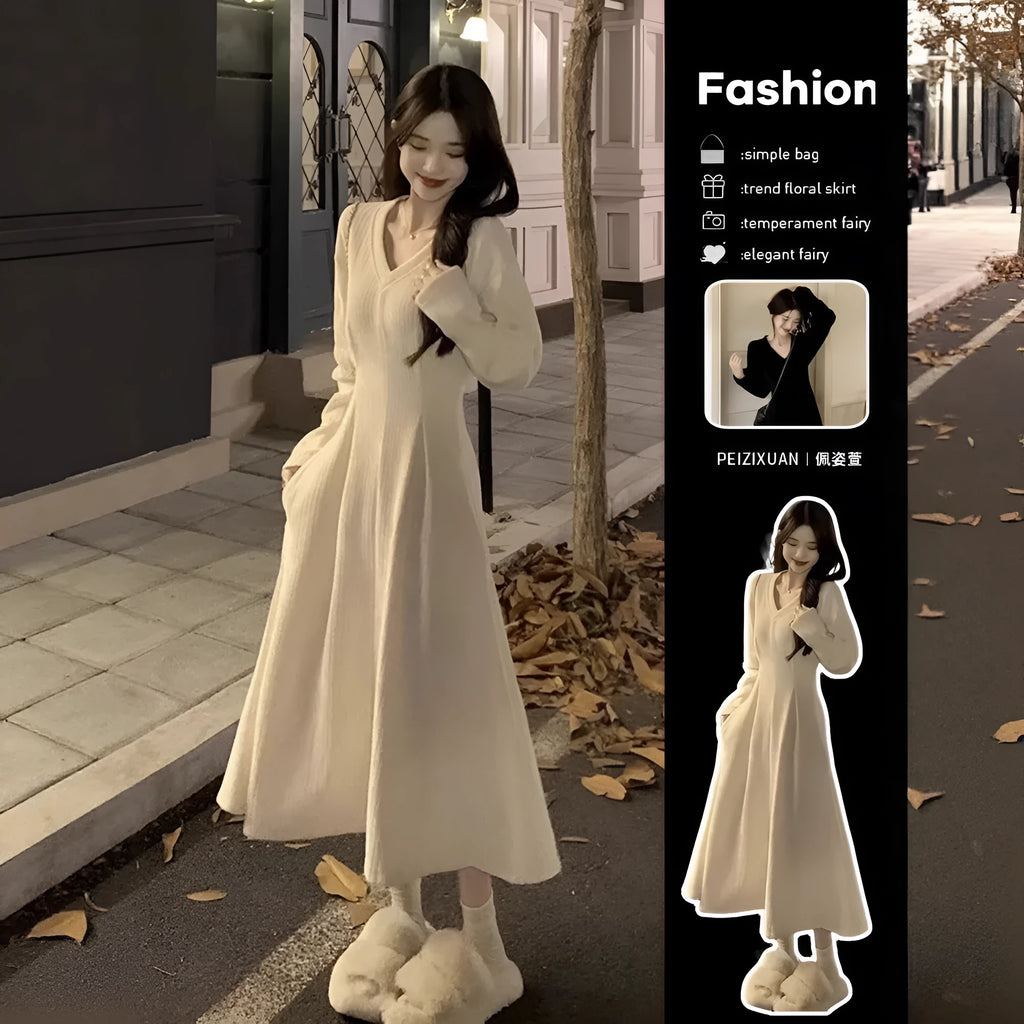 Women's V-neck polyester knitted dress with princess sleeves and long suspender skirt in art retro style