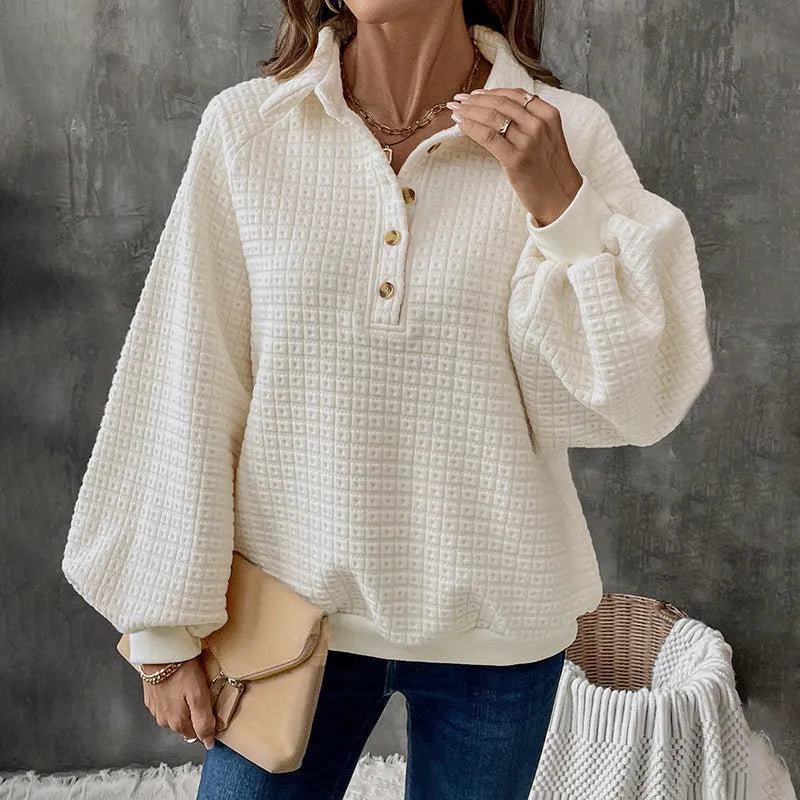 Women's milky white polo collar polyester sweater with long sleeves