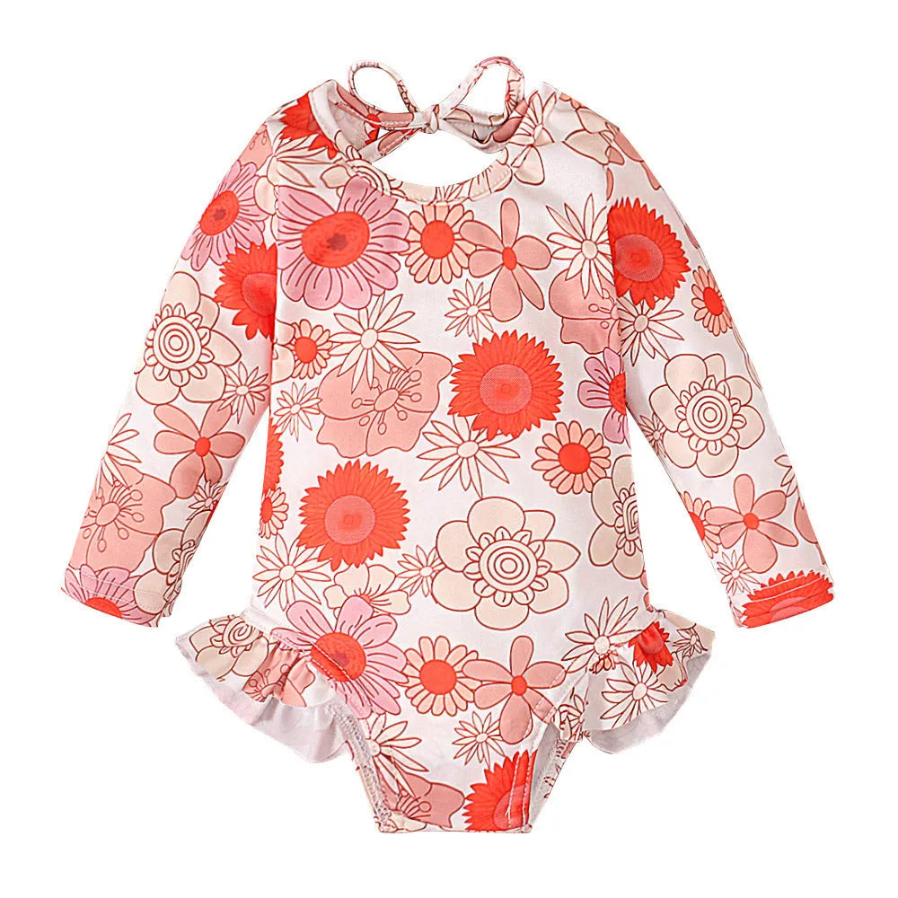 Girl's floral print open back swimsuit in orange red with crew neckline and Asian-fit sizing