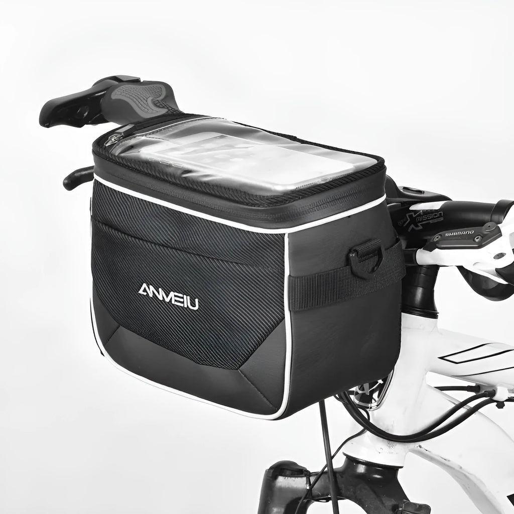Black 7 inch polyester bicycle handlebar bag mounted on bike