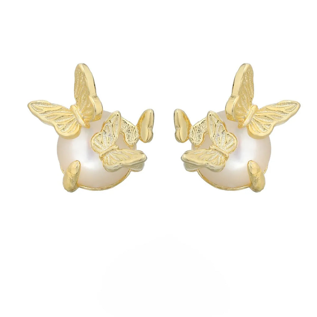 Butterfly ear studs in 925 silver with gold electroplated finish and animal zodiac modelling details