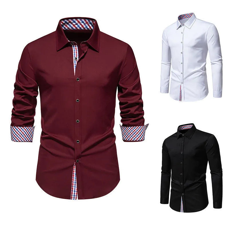 Men's loose fit plaid stitching casual long-sleeved shirt in chemical fibre blend fabric