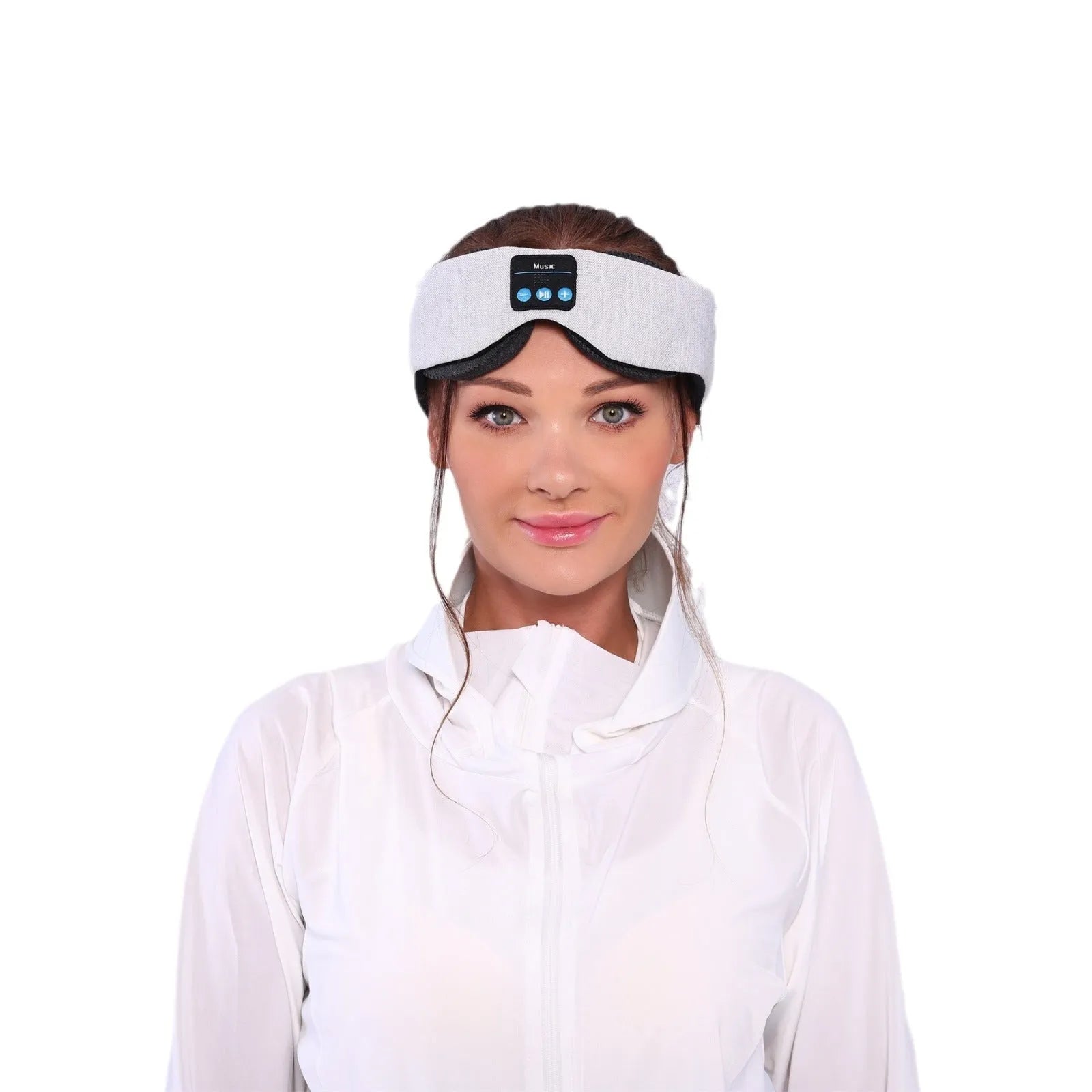 Grey Bluetooth sleeping eye mask with outline design showing integrated speaker placement