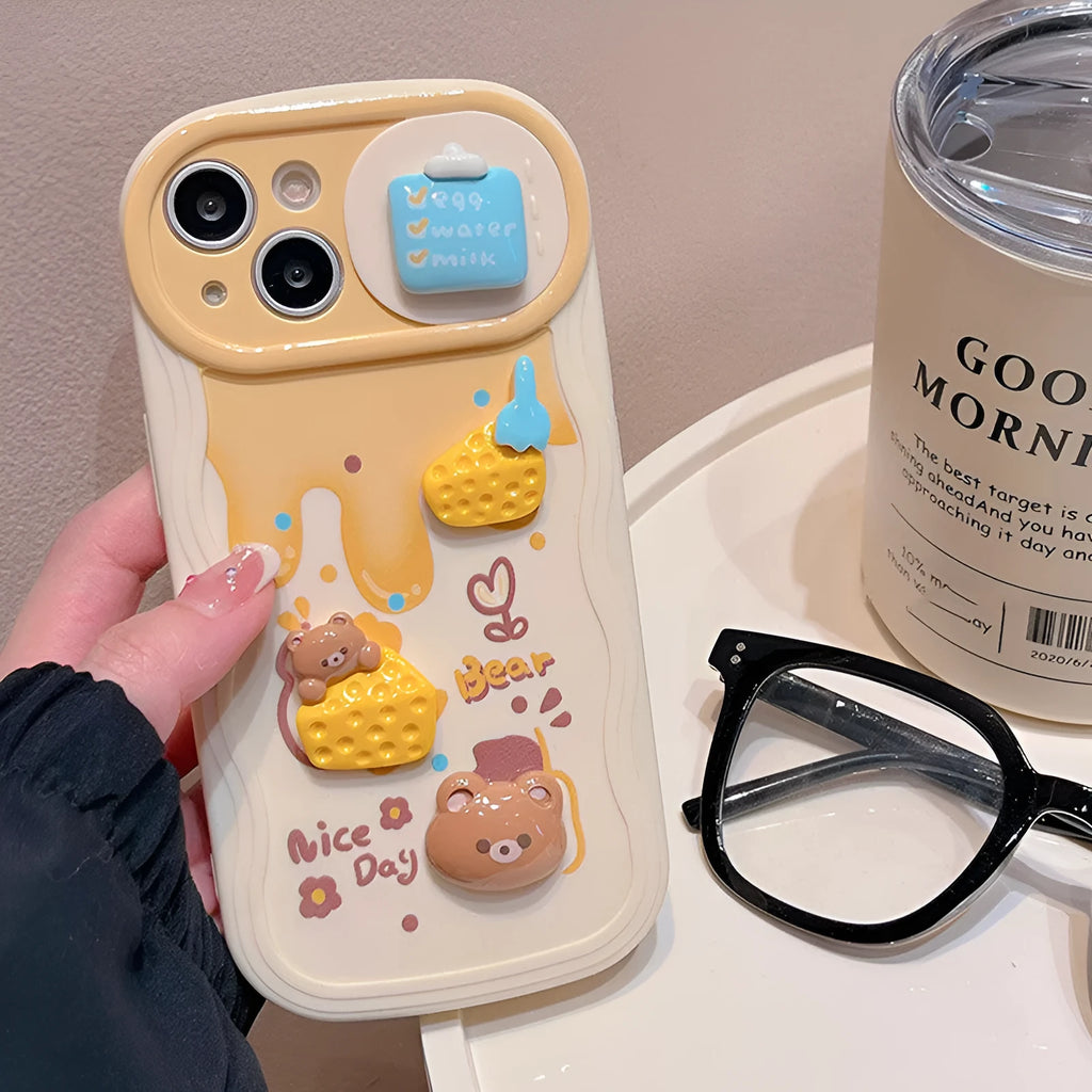 Apricot plastic phone case with Cheese Bear cartoon and sliding window for iPhone 14 Pro