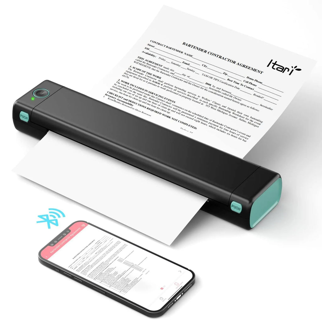Phomemo M08F portable A4 thermal printer in silver black colour on a desk