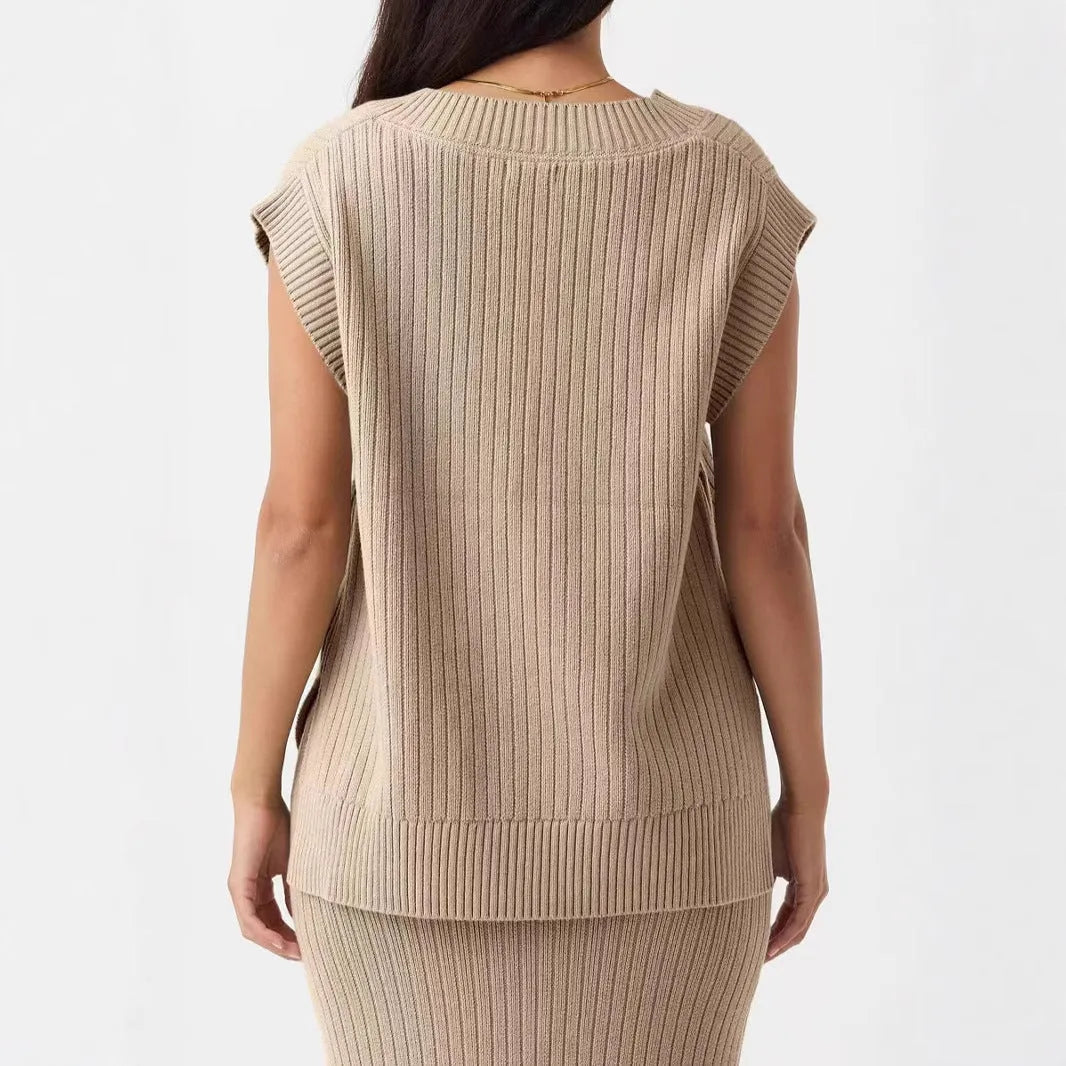 Women's camel and white V-neck sleeveless loose pullover vest with striped or plaid patterns