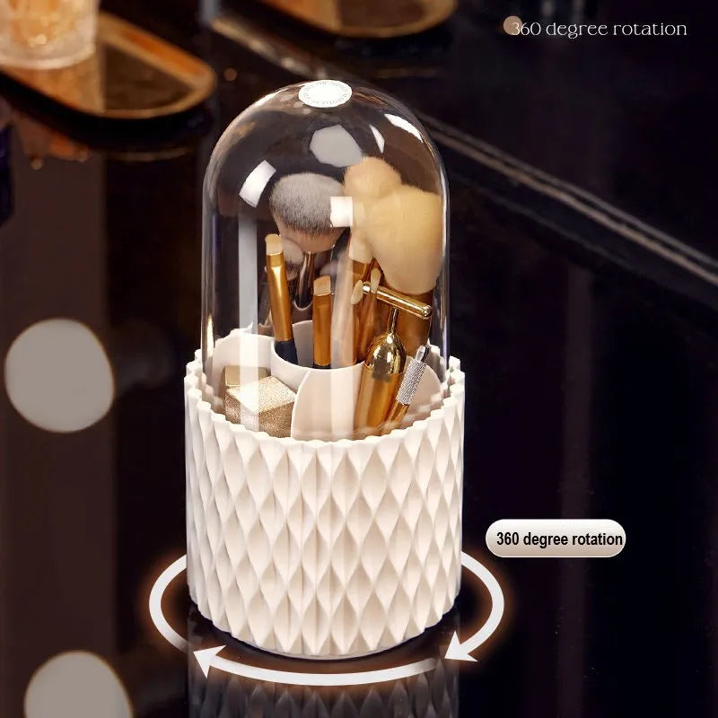 White rotating acrylic makeup brush storage box with transparent dust cover on desktop