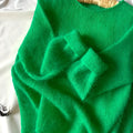 Women's green crew neck loose pullover sweater with long sleeves, polyester knitwear, sizes S M L