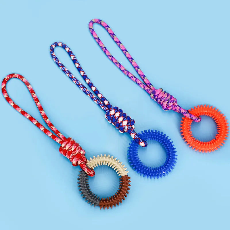 Blue braided rope dog toy with a central knot, shown next to a tape measure indicating its 43cm length.