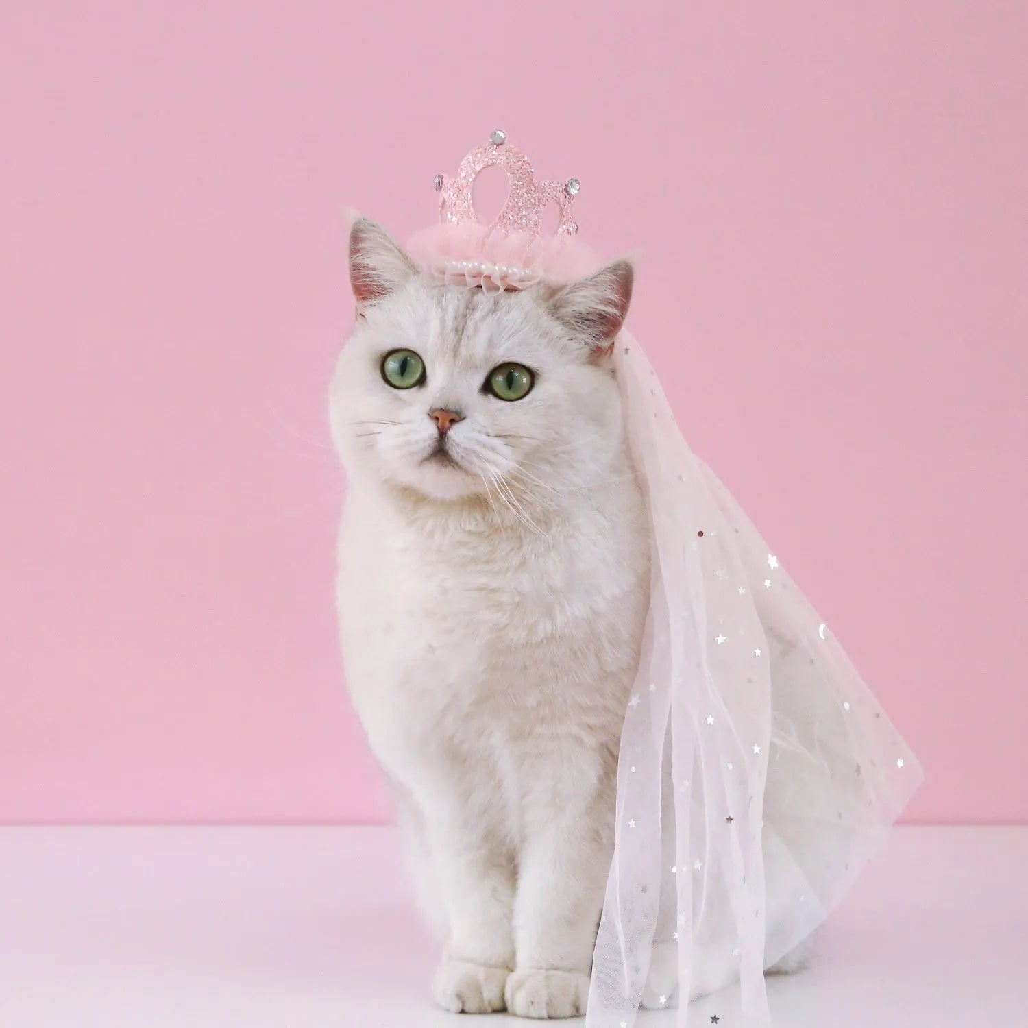 Pet princess crown headdress with veil for cats, available in beige or pink cotton polyester.