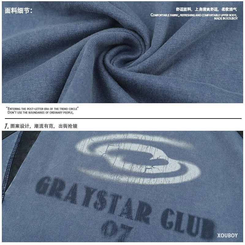 Blue hip hop letter print men's cotton t-shirt with raglan sleeves on hanger