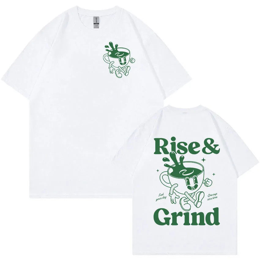 Loose fit linen cartoon t-shirt for teenage boys with Rise And Grind Green Coffee Fun Expression Bag print.