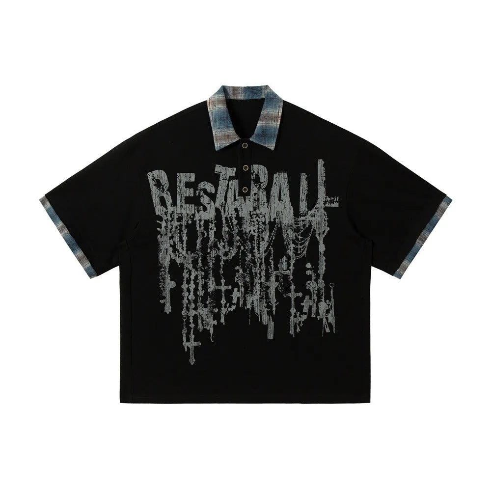 Men's loose fit asymmetric short-sleeved cotton top with graffiti printing on the lapel.