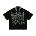 Men's loose fit asymmetric short-sleeved cotton top with graffiti printing on the lapel.