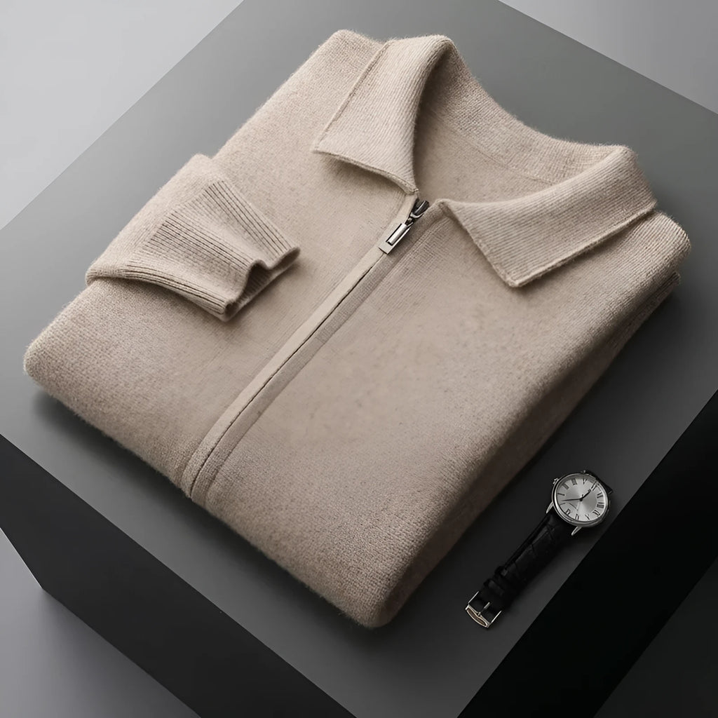 Pure wool men's cardigan with turn-down collar, knitted build, available in camel colour
