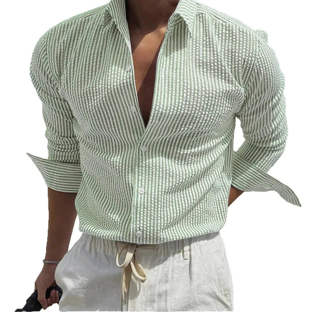 Men's striped shirt with cardigan lapel collar in multiple colour options showing front view