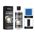 Headlight restorer kit showing PET bottle of polish, sponge, and 20x20 cm cloth on 13.2x3.8 cm packaging.