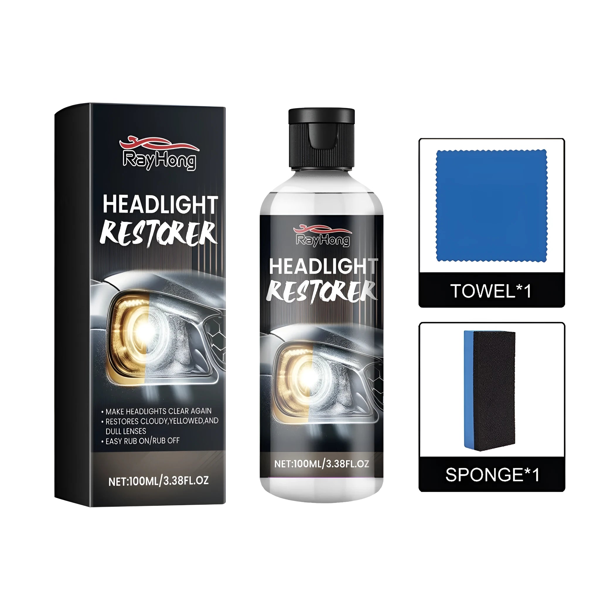 Headlight restorer kit showing PET bottle of polish, sponge, and 20x20 cm cloth on 13.2x3.8 cm packaging.