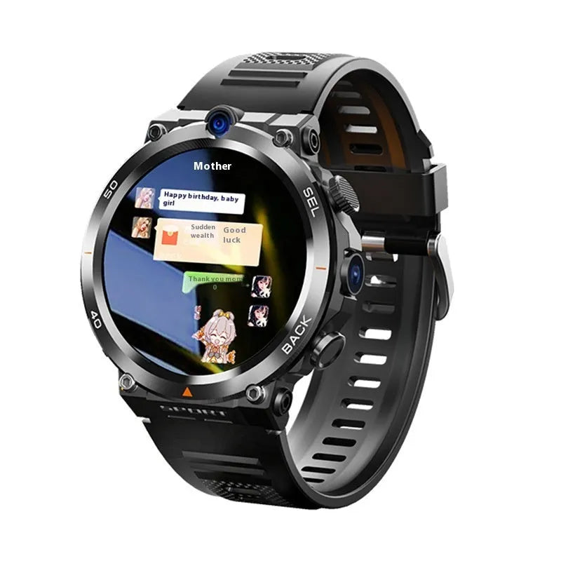 Multi-functional sports smartwatch with dual cameras on wrist, showing touch screen interface.