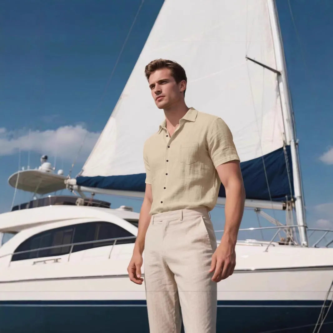 Men's loose-fit linen short-sleeved shirt in cotton blend fabric, cardigan style, solid colour options