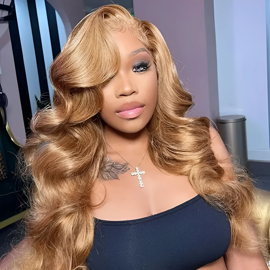 Synthetic wig with big golden wave curls and side bangs in light brown colour