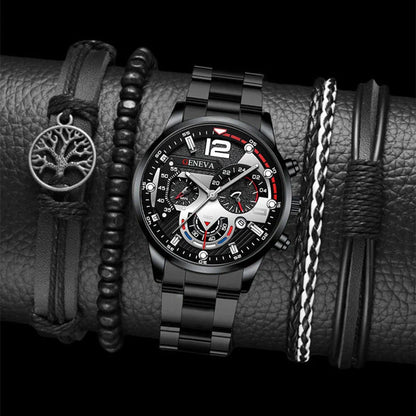 Stylish men's fashion watch and bracelet set with stainless steel case and leather strap, perfect for Valentine's Day gift