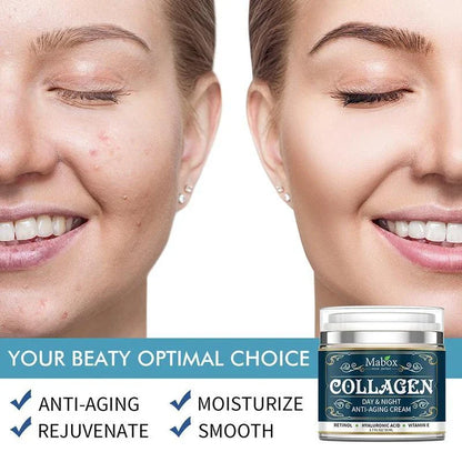 Collagen face cream in a blue container, designed to hydrate and rejuvenate the skin for a youthful, radiant appearance.