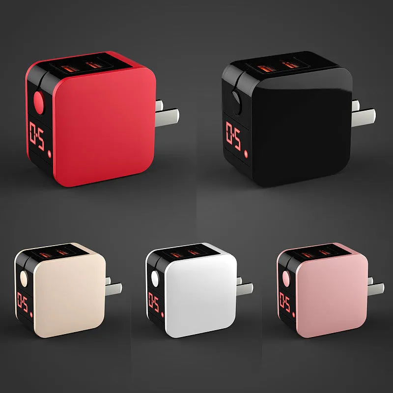 5V2.4A dual USB travel charger with digital display in black, white, or red, showing US and EU plug options.