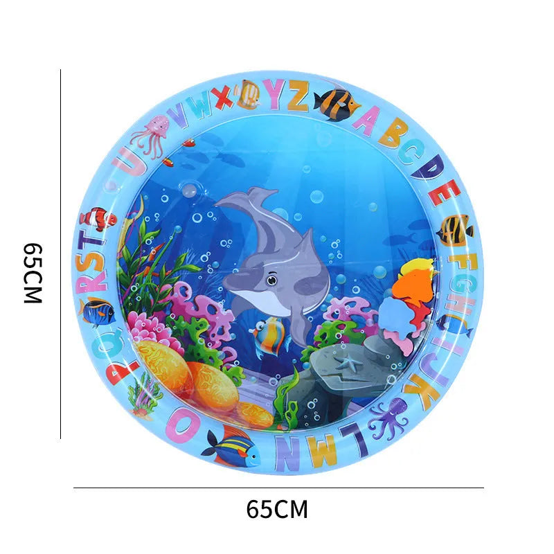 Thickened PVC water playmat for cats and dogs on a floor, showing floating fish toys inside.