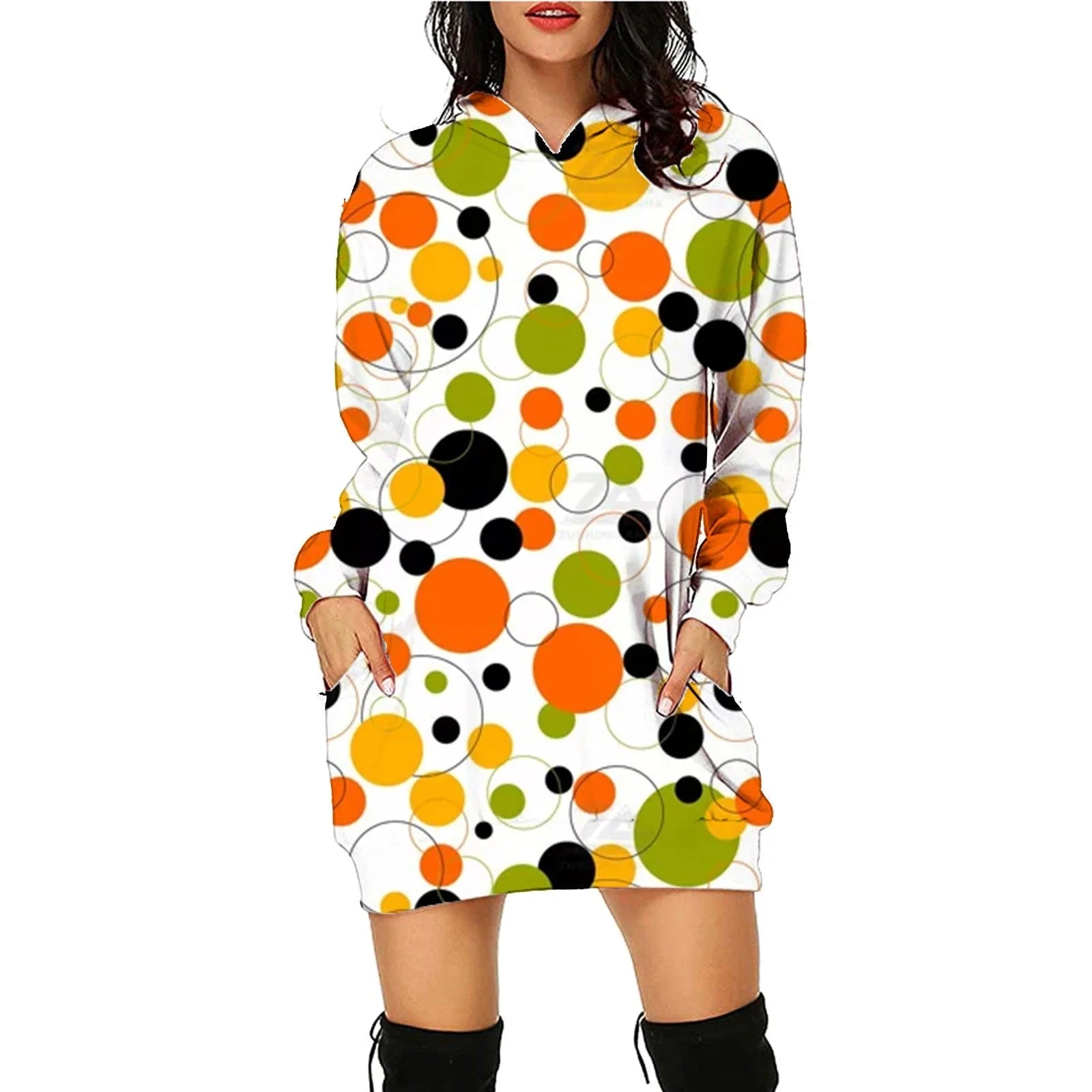 Women's long-sleeved Halloween hoodie with pockets, featuring a unique printed design in a variety of vibrant color options.