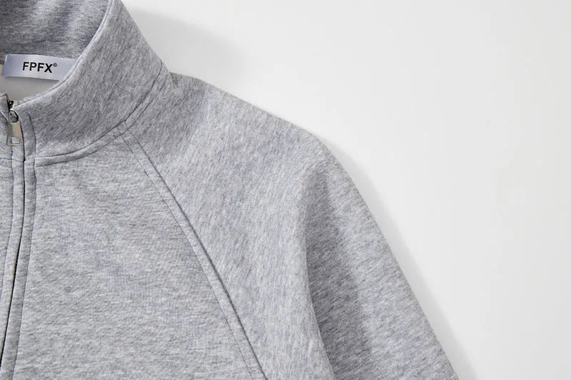 Men's stand collar zip sweatshirt jacket in gray or black, loose thin polyester cardigan with side seam pockets
