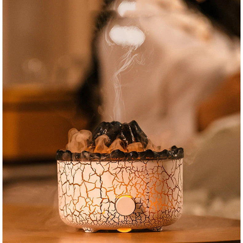 Stunning volcano-inspired humidifier with colorful LED lighting, creating a mesmerizing mist display for relaxing aromatherapy