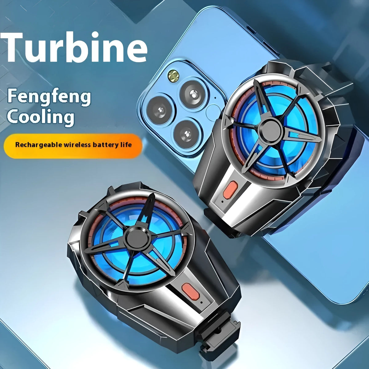Black mobile phone turbine radiator back splint with fan cooling, 300mAh battery, fits 70-93mm phones