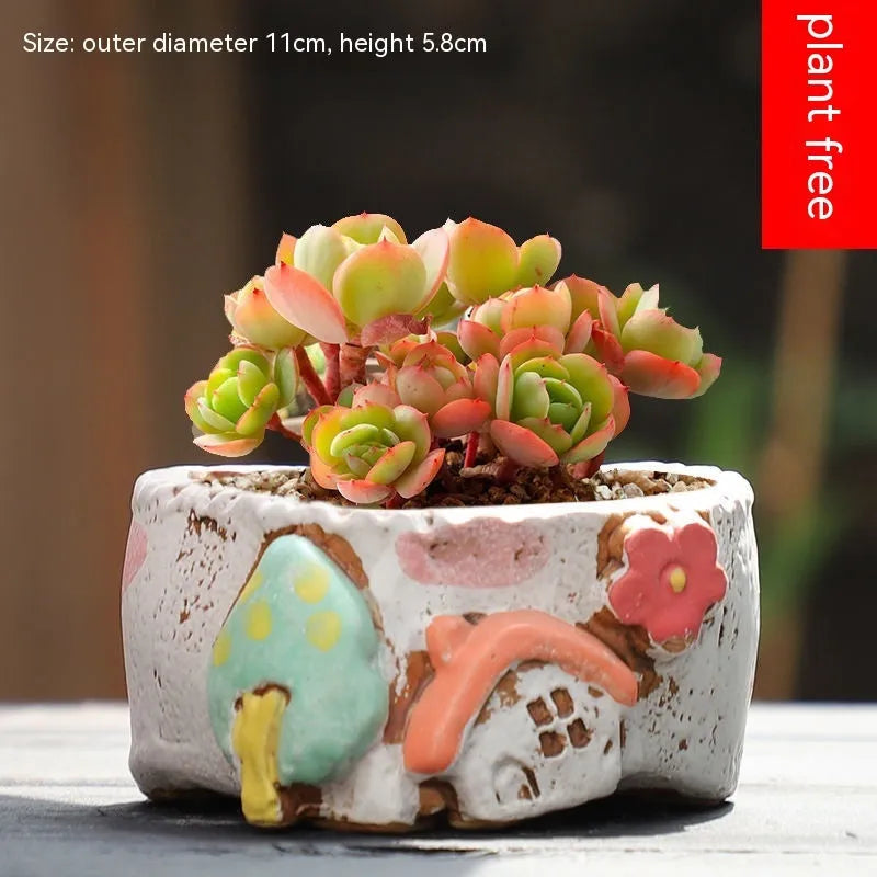 Hand-painted ceramic combination pot for meat plants and flowers with pastoral design