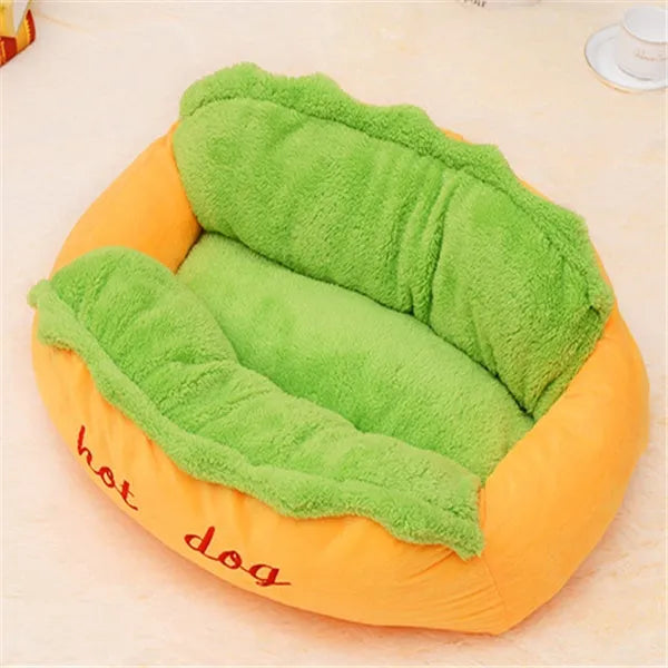 Hot dog shape pet kennel bed with PP cotton filling, short plush surface, removable washable cushion and non-slip bottom