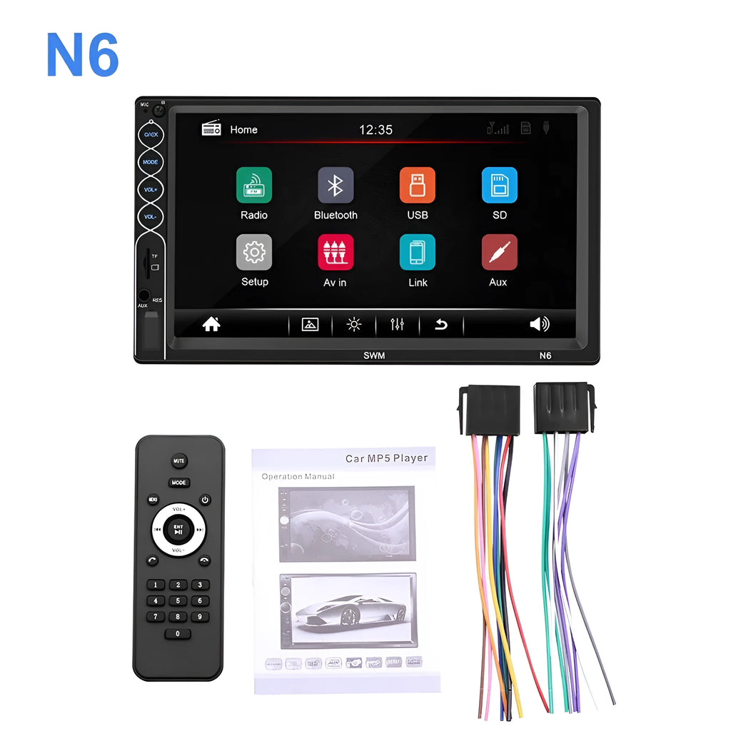 7-inch double DIN car MP5 player with Bluetooth and USB touchscreen in black