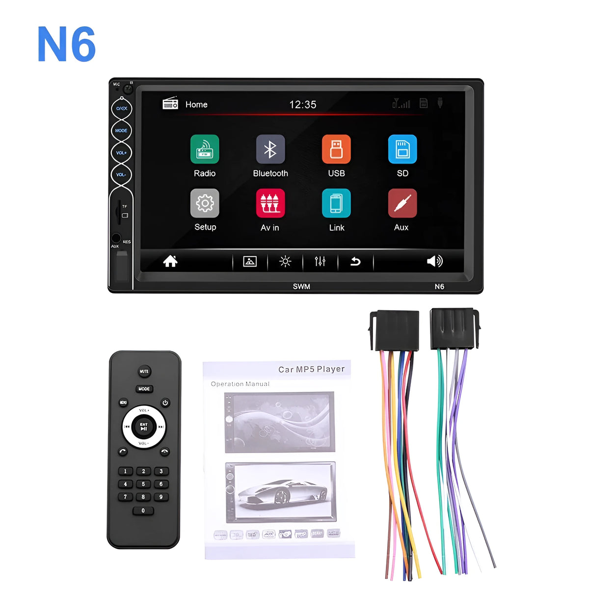 7-inch double DIN car MP5 player with Bluetooth and USB touchscreen in black